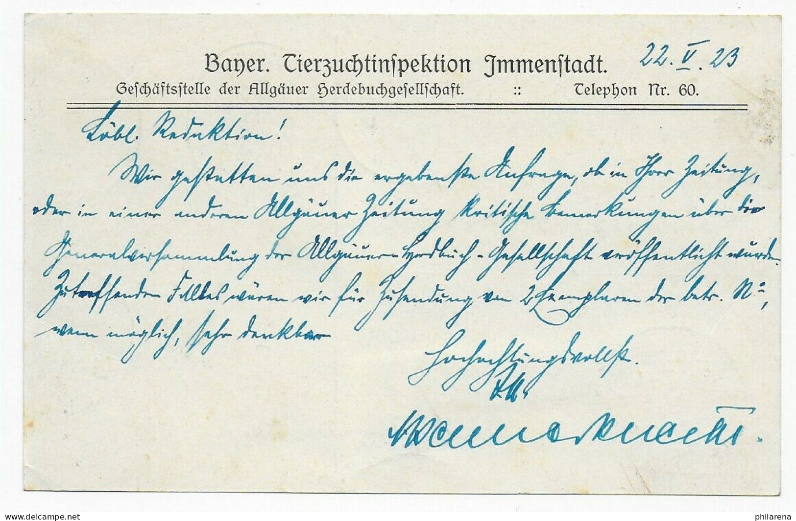 Postkarte Als Eilbote, Bayr. Tierzuchtinspektion Immenstadt, 22.5.1923 - Briefe U. Dokumente