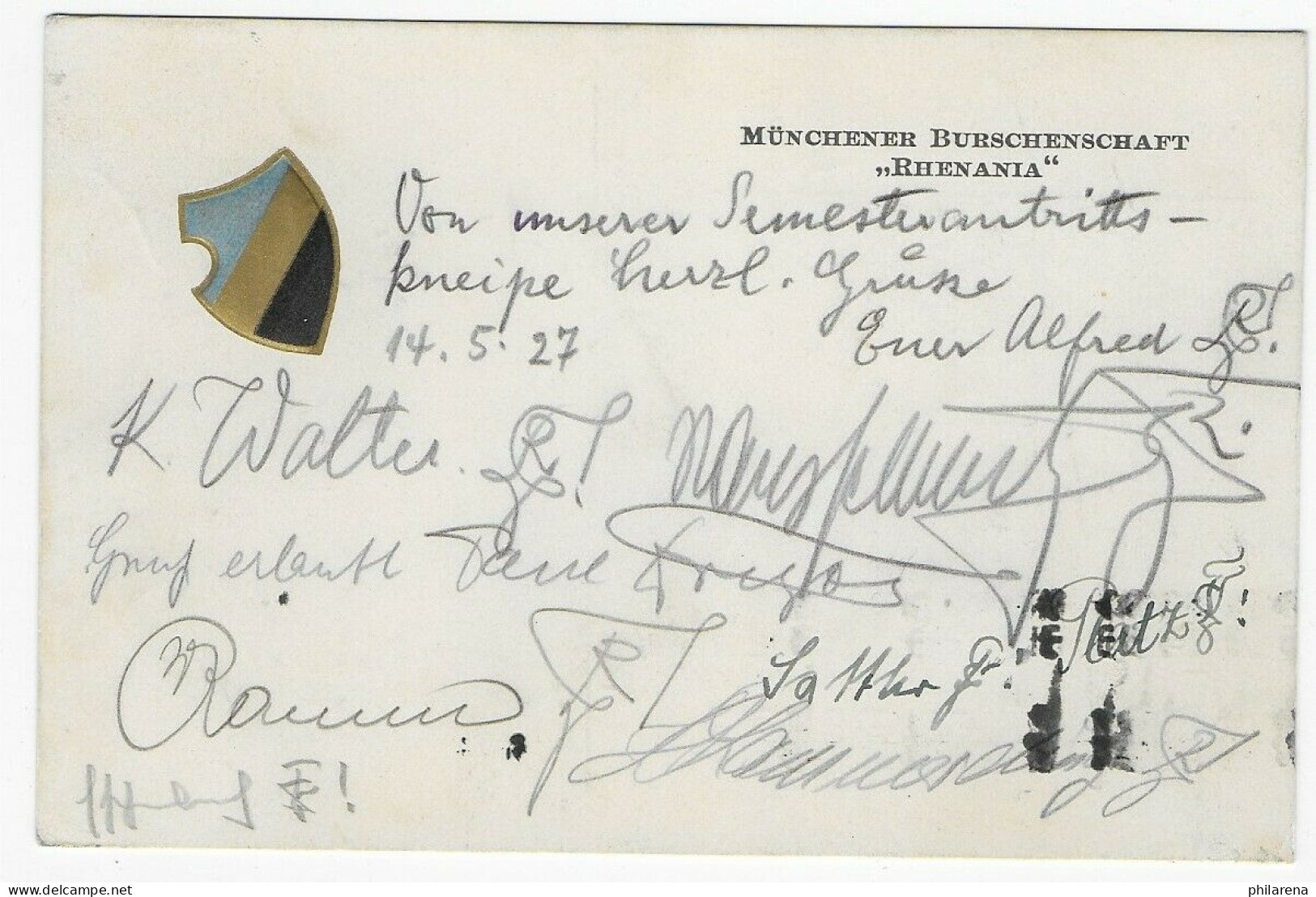 Postkarte 1927 Burschenschaft Rhenania, München Nach Heidelberg - Briefe U. Dokumente