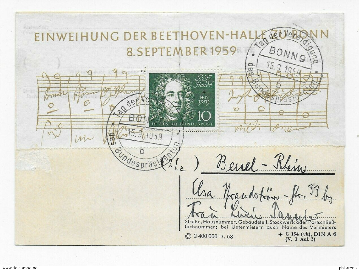 Postkarte Sonderstempel Tag Der Vereidigung Des Bundespräsidenten 15.9.1959, EF - Covers & Documents