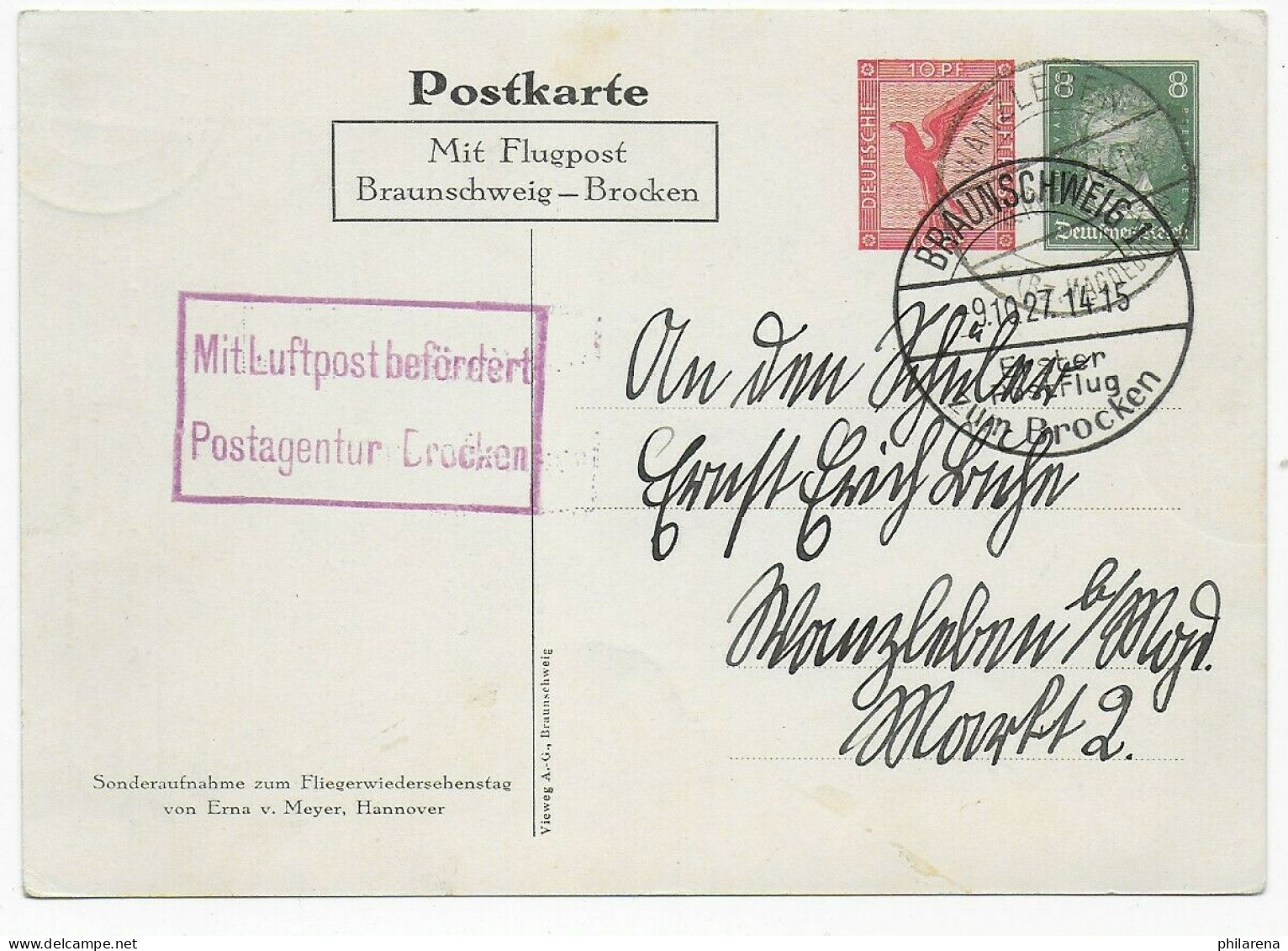 Postkarte Luftpost Postagentur Brocken: Braunschweig-Brocken, Wanzleben, 1927 - Briefe U. Dokumente