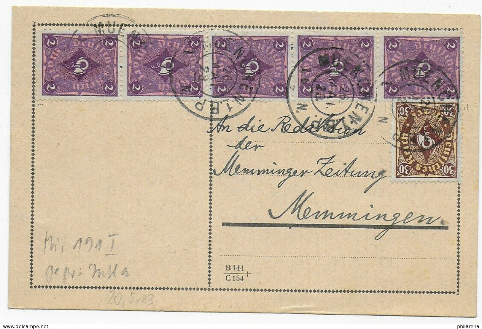 Postkarte 20.5.1923 Von München Nach Memmingen: MiNr. 191 I, Geprüft Infla - Cartas & Documentos