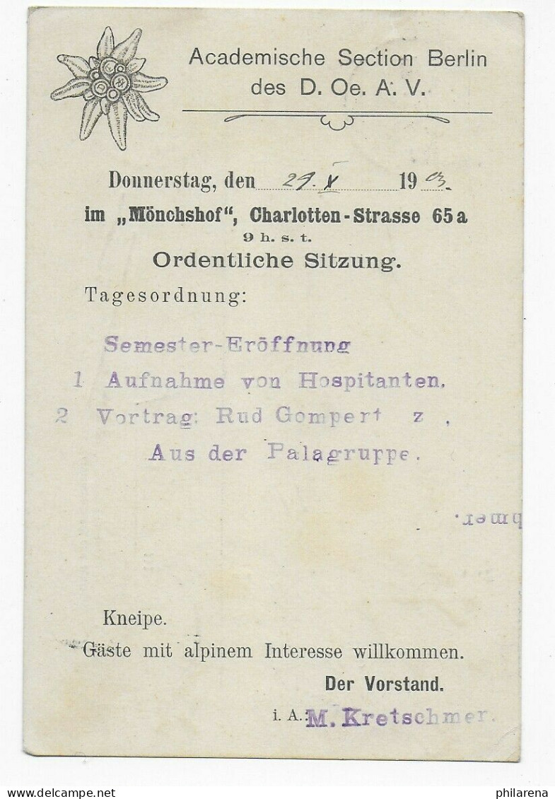 Postkarte Deutsch-Österreichischer Alpenverein, 1903, Berlin Ortskarte - Covers & Documents