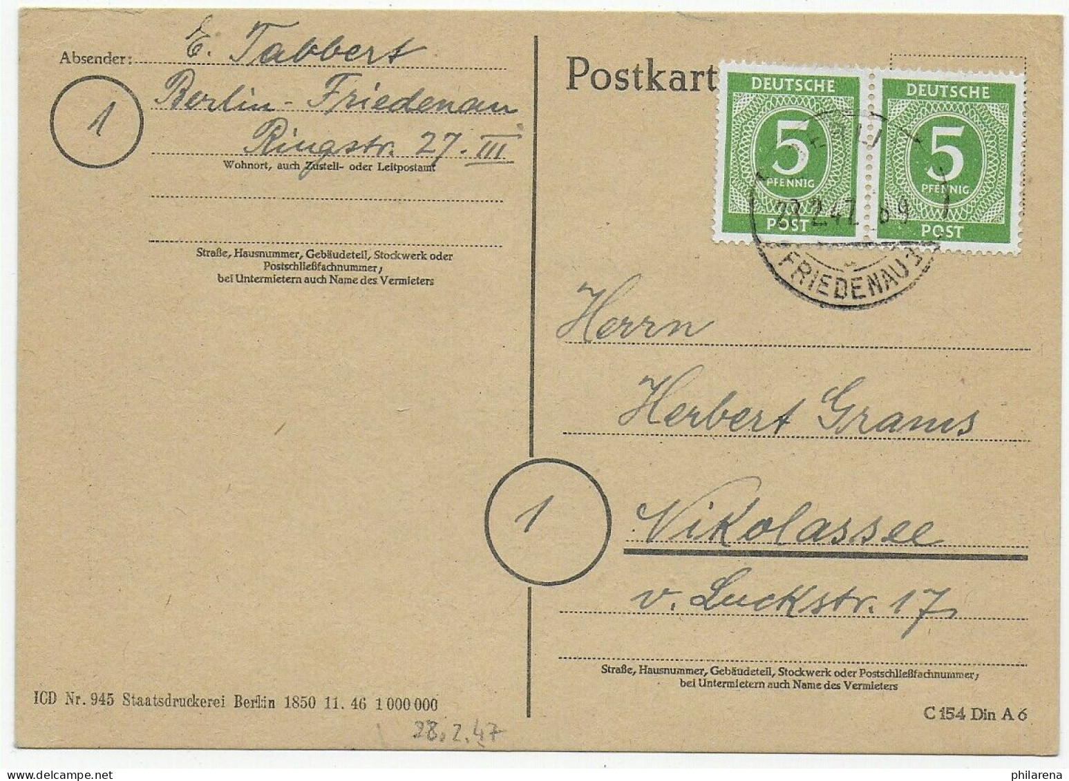 Ortskarte Berlin Friedenau Nach Nikolassee 1947 - Cartas & Documentos