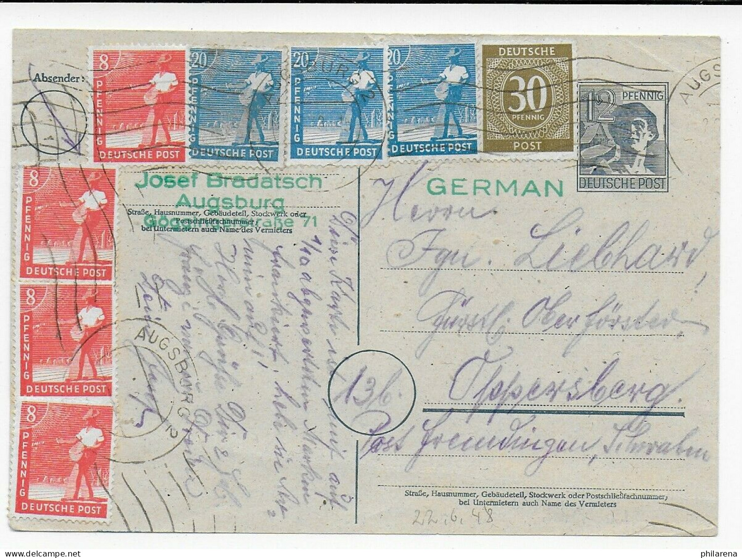 Ganzsache Mit Viel Beifrankatur Von Augsburg Nach Oppersberg 1948 - Storia Postale