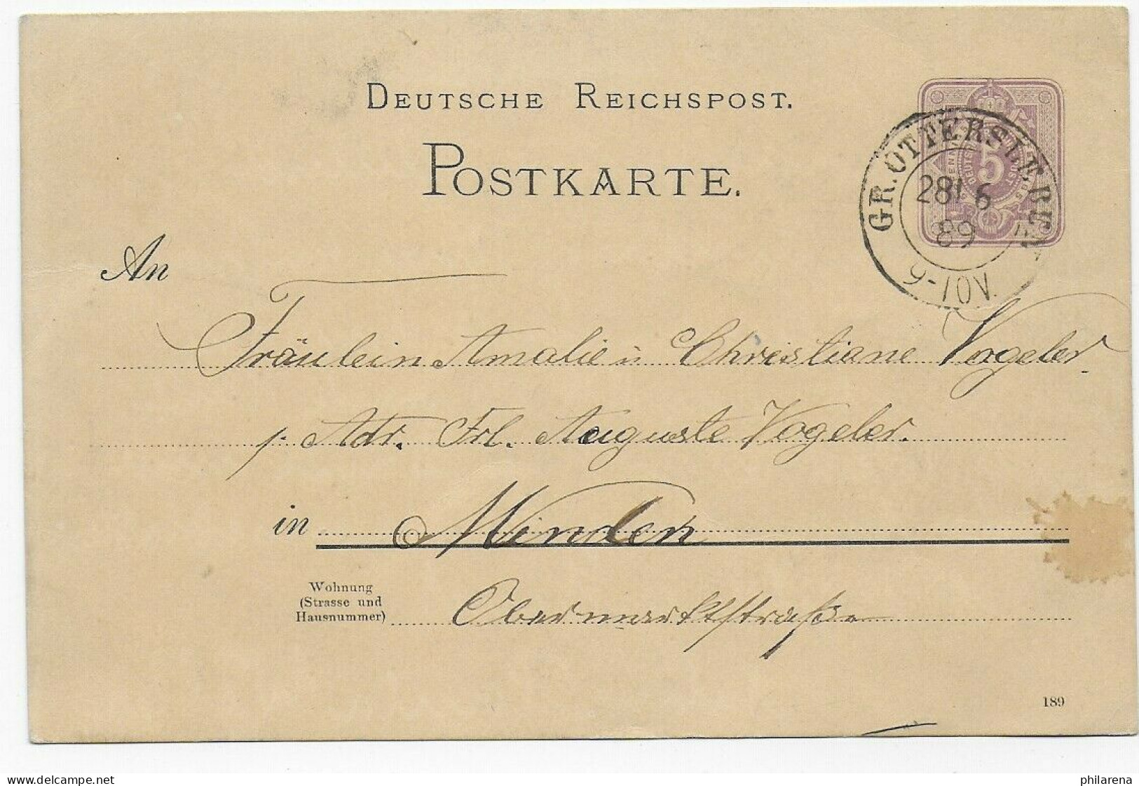 Postkarte GR. Ottersleben 1889 Nach Minden - Covers & Documents