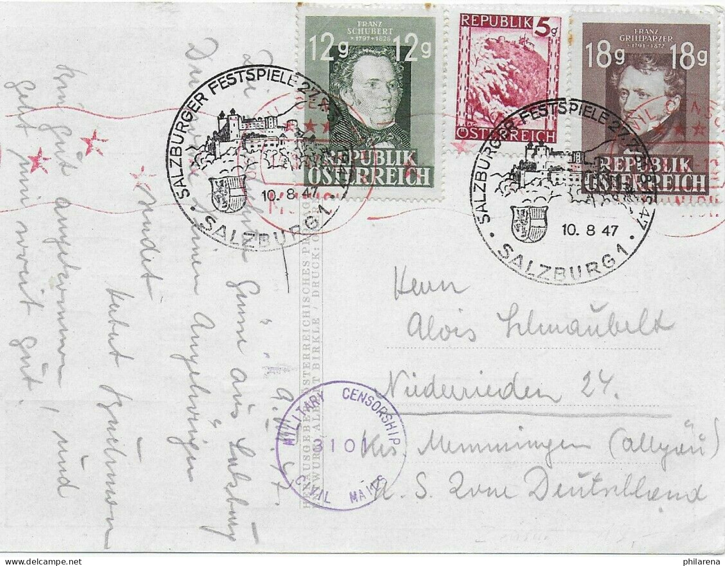 Postkarte Salzburger Festspiele 1947 Nach Deutschland Mit 2x Zensurstempel - Lettres & Documents