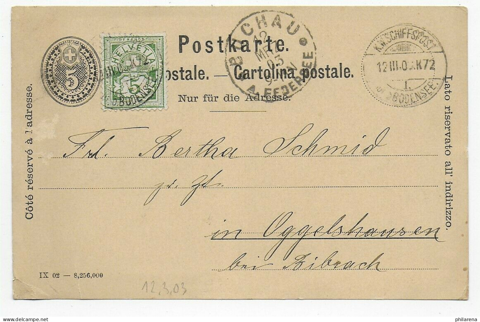 Postkarte K.W. Schiffspost Bodensee Schweiz Nachporto, Buchau 1903, Oggelshausen - Autres & Non Classés