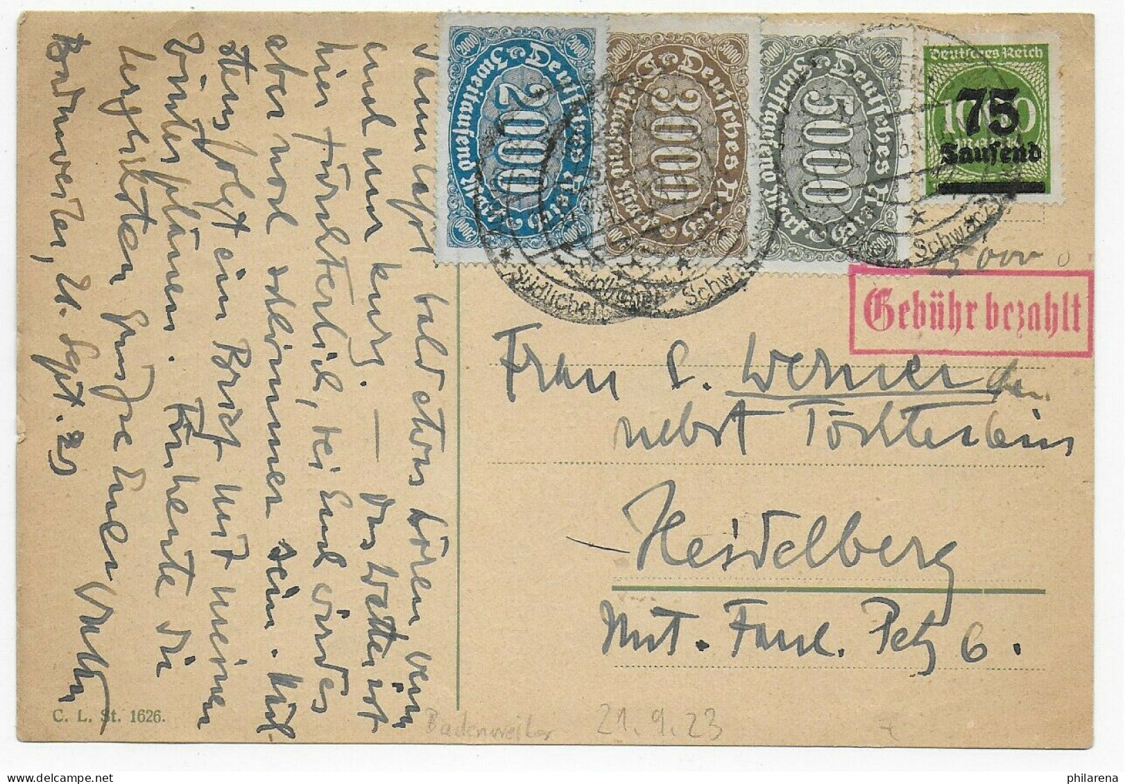 Ganzsache Teils Gebühr Bezahlt, Badenweiler Nach Heidelberg 21.9.1923 - Brieven En Documenten