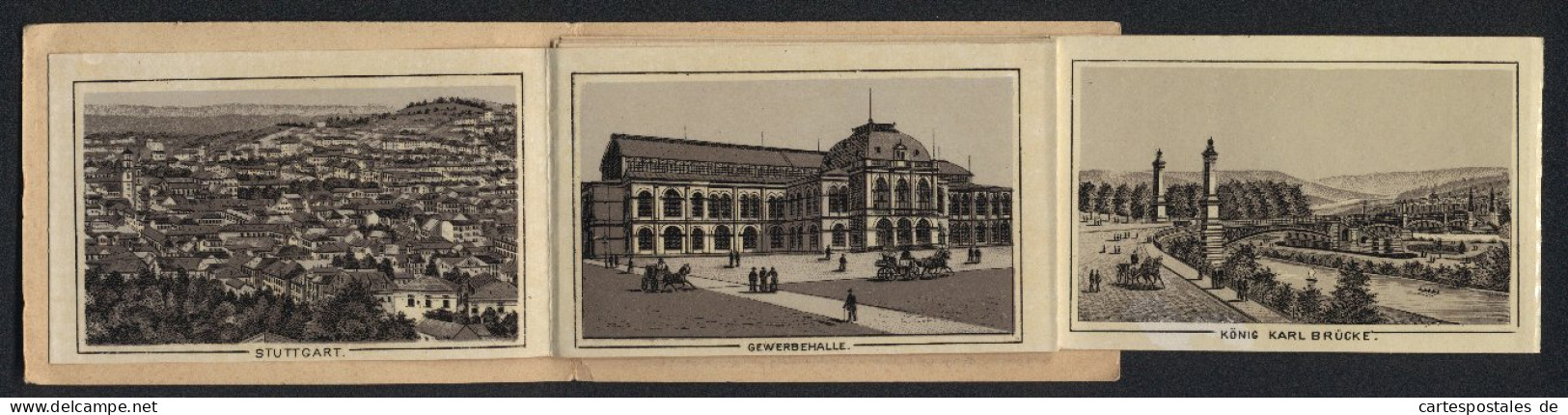 Leporello-Album Stuttgart Mit 12 Lithographie-Ansichten, Gewerbehalle, Politechnikum, Wilhelma, Marktplatz, Postgebäu  - Lithographien