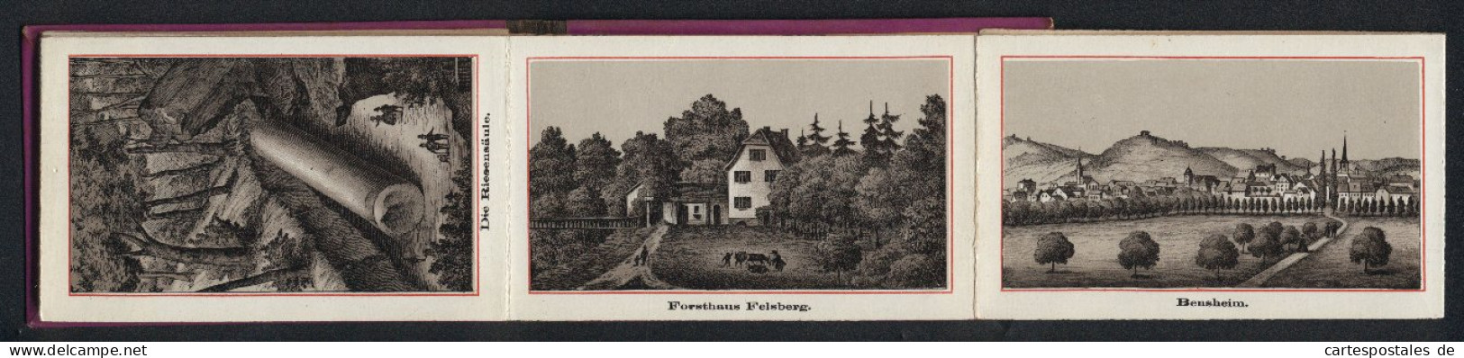 Leporello-Album Bergstrasse Mit 12 Lithographie-Ansichten, Bensheim, Heppenheim, Forsthaus Felsberg, Riesensäule, Sch  - Lithographien