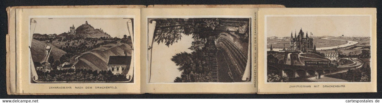 Leporello-Album Drachenfels Mit 12 Lithographie-Ansichten, Zahnradbahn Mit Drachenburg BahnhofRolandseck, Rolandsbogen  - Lithographies