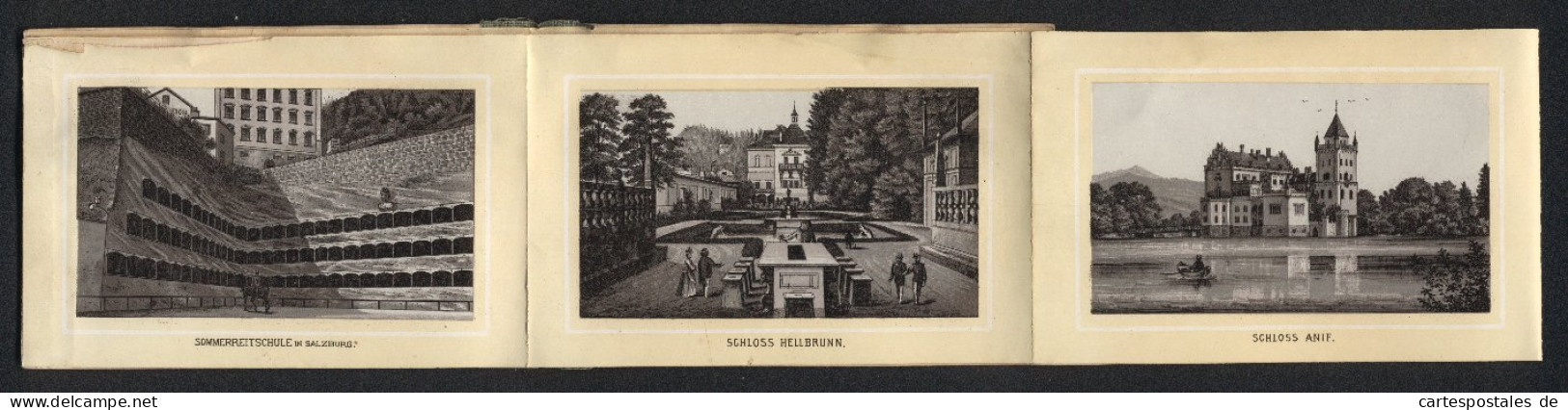 Leporello-Album Salzburg Mit 12 Lithographie-Ansichten, Berchtesgaden, Schloss Anif, Sommerreitschule, Mozartplatz  - Lithographien