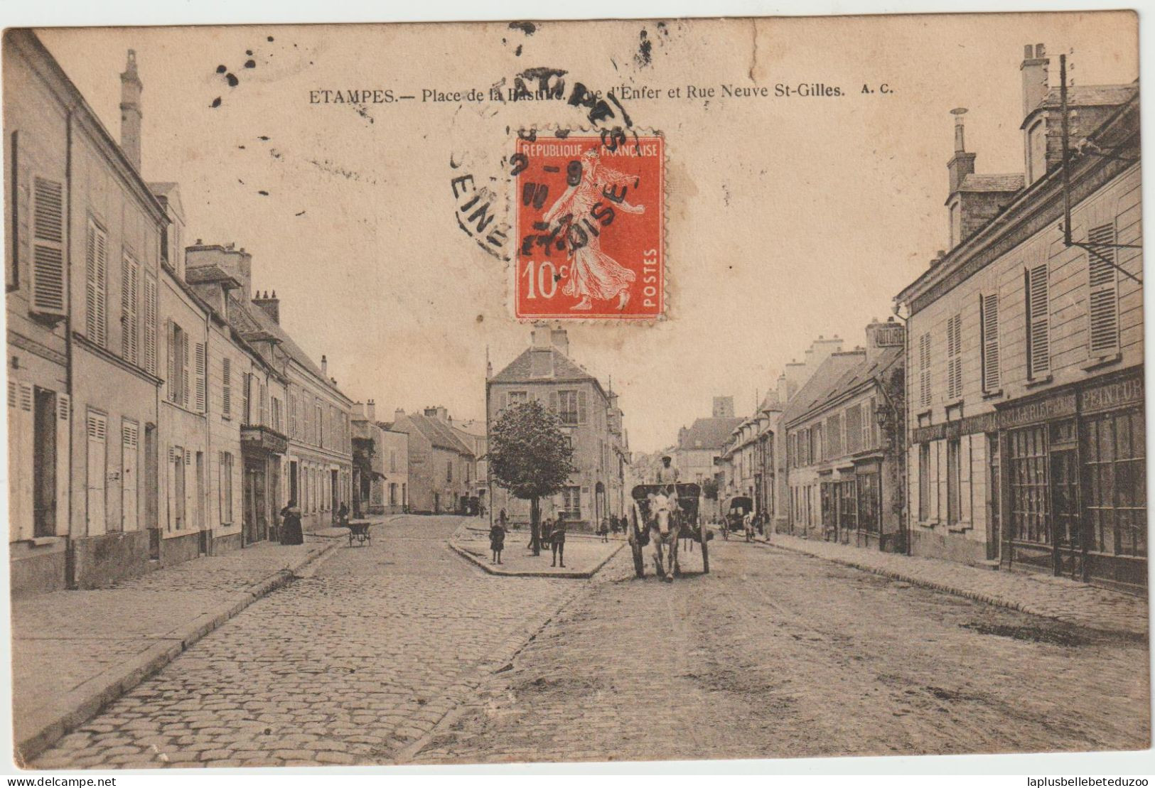 CPA - 91 - ETAMPES - Place De La Bastille Rue D'Enfer Et Rue Neuve St Gilles - Attelage - 1911 - Pas Courant - Etampes
