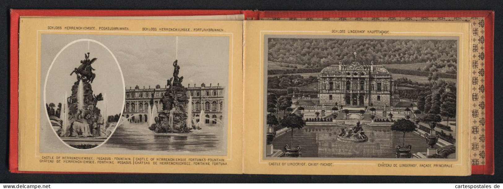 Leporello-Album Lieblingsschlösser König Ludwig II. Mit 17 Lithographie-Ansichten, Linderhof, Kiosk, Neuschwanstein,  - Litografia