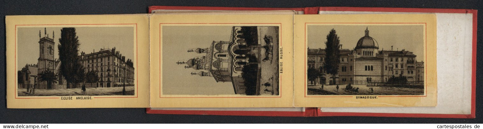 Leporello-Album Geneve Mit 24 Lithographie-Ansichten, Synagoge, Eglise Russe, Quai Du Mont Blanc, Rue Du Mont Blanc  - Litografía