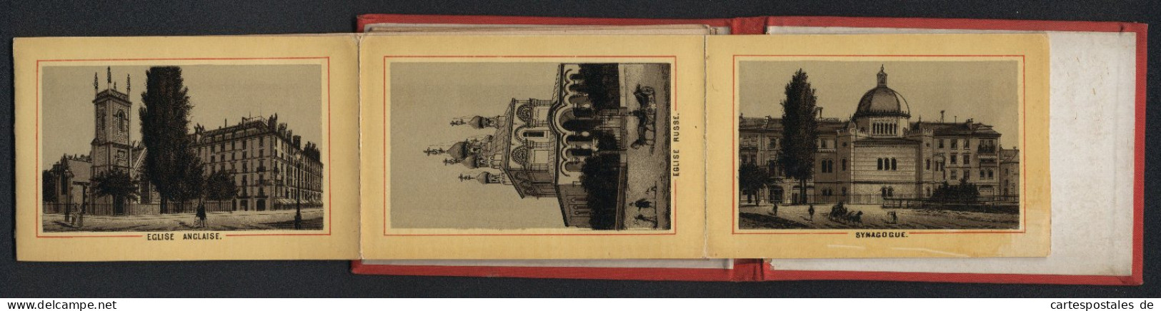 Leporello-Album Geneve Mit 24 Lithographie-Ansichten, Synagoge, Eglise Russe, Quai Du Mont Blanc, Rue Du Mont Blanc  - Litografia