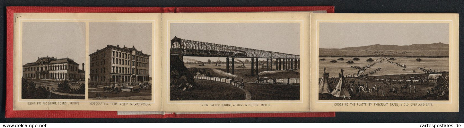 Leporello-Album Union Pacific Railwaymit 24 Lithographie-Ansichten, Headquarter Omaha, Weber Canon, Devils Gate, Ogden  - Litografia