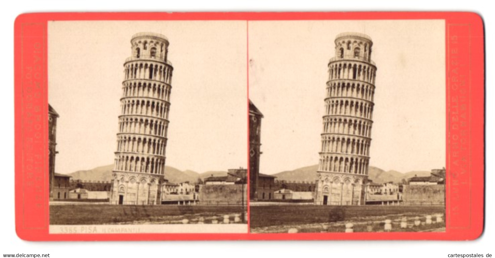 Stereo-Foto Giacomo Brogi, Firenze, Ansicht Pisa, Der Schiefe Turm, Il Campanile  - Stereoscoop