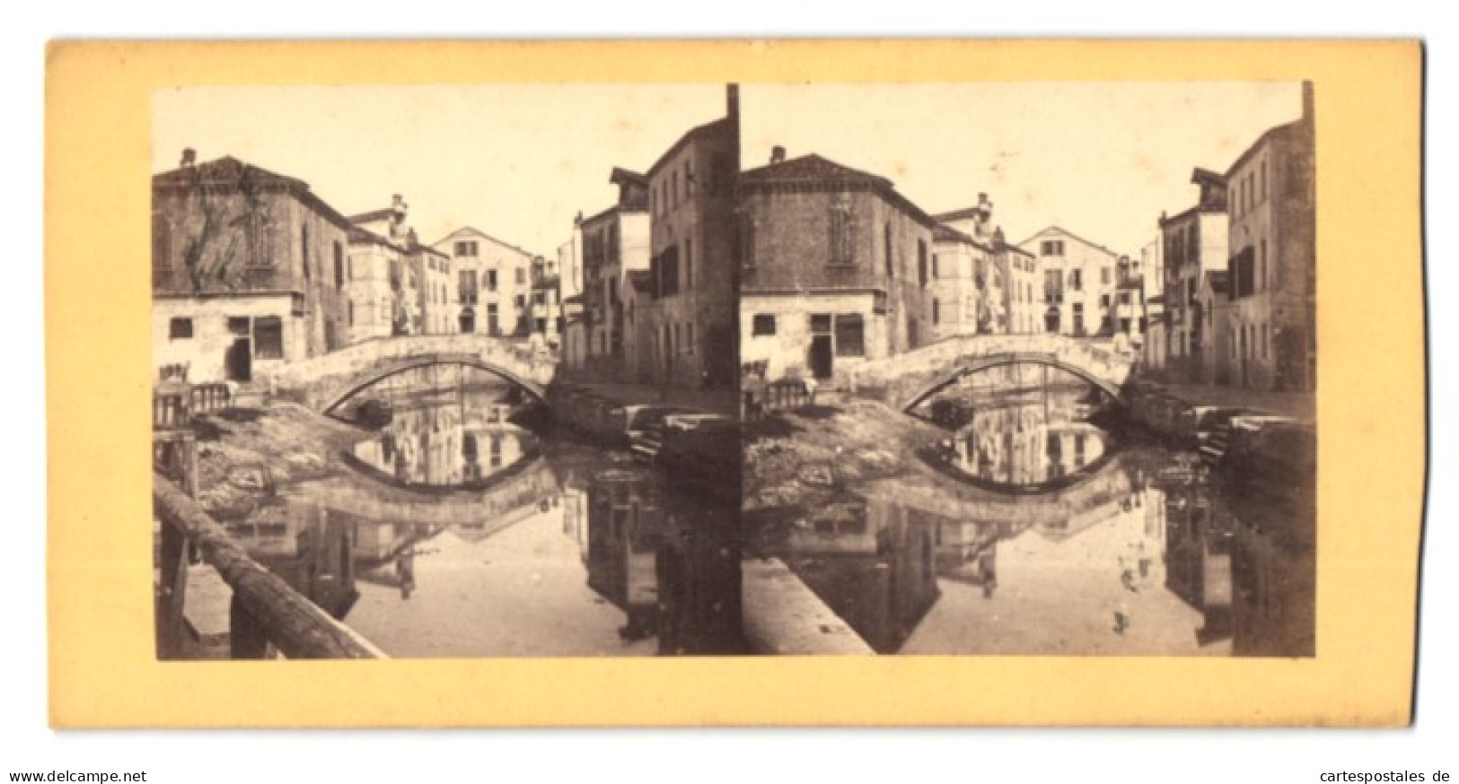 Stereo-Foto Unbekannter Fotograf, Ansicht Venezia, Kanal Mit Alter Brücke In Der Stadt  - Stereoscoop