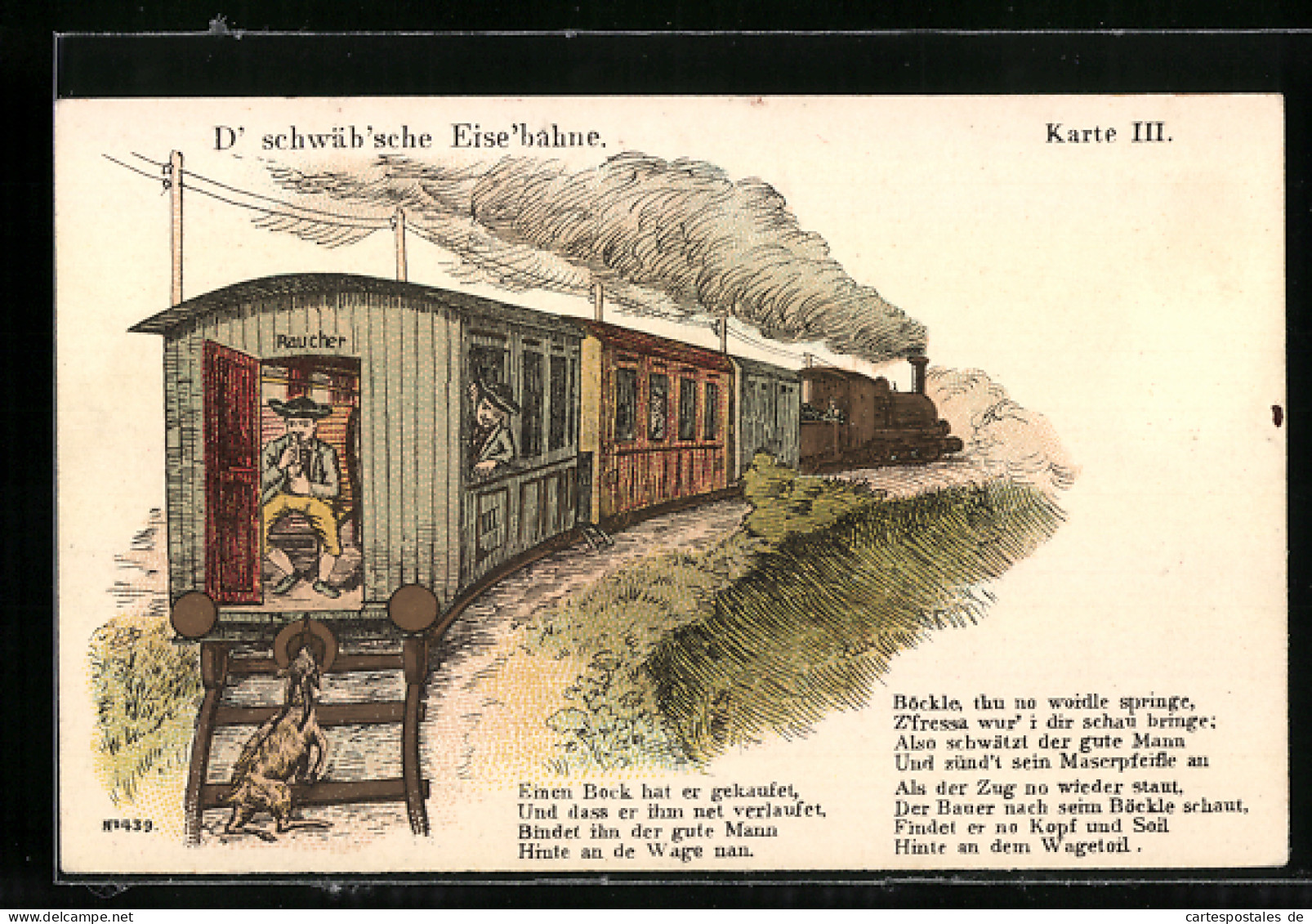 Lithographie Schwäbische Eisenbahn, Bauer Hat Seinen Ziegenbock Ans Zugende Gebunden  - Treni