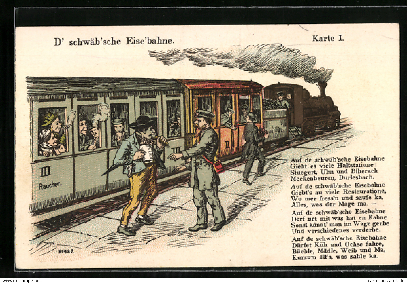 Lithographie Schwäbische Eisenbahn, Bauer Unterhält Sich Mit Dem Schaffner  - Trains