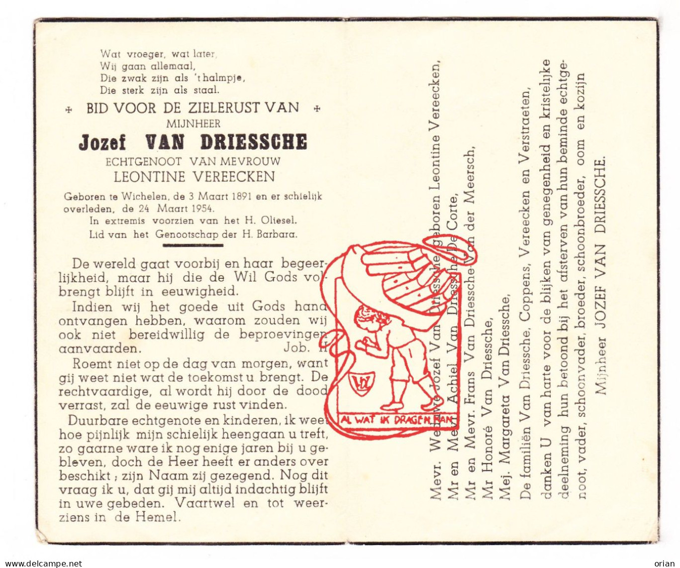 DP Jozef Van Driessche ° Wichelen 1891 † 1954 X Leontine Vereecken // De Corte Van Der Meersch Coppens Verstraeten - Andachtsbilder