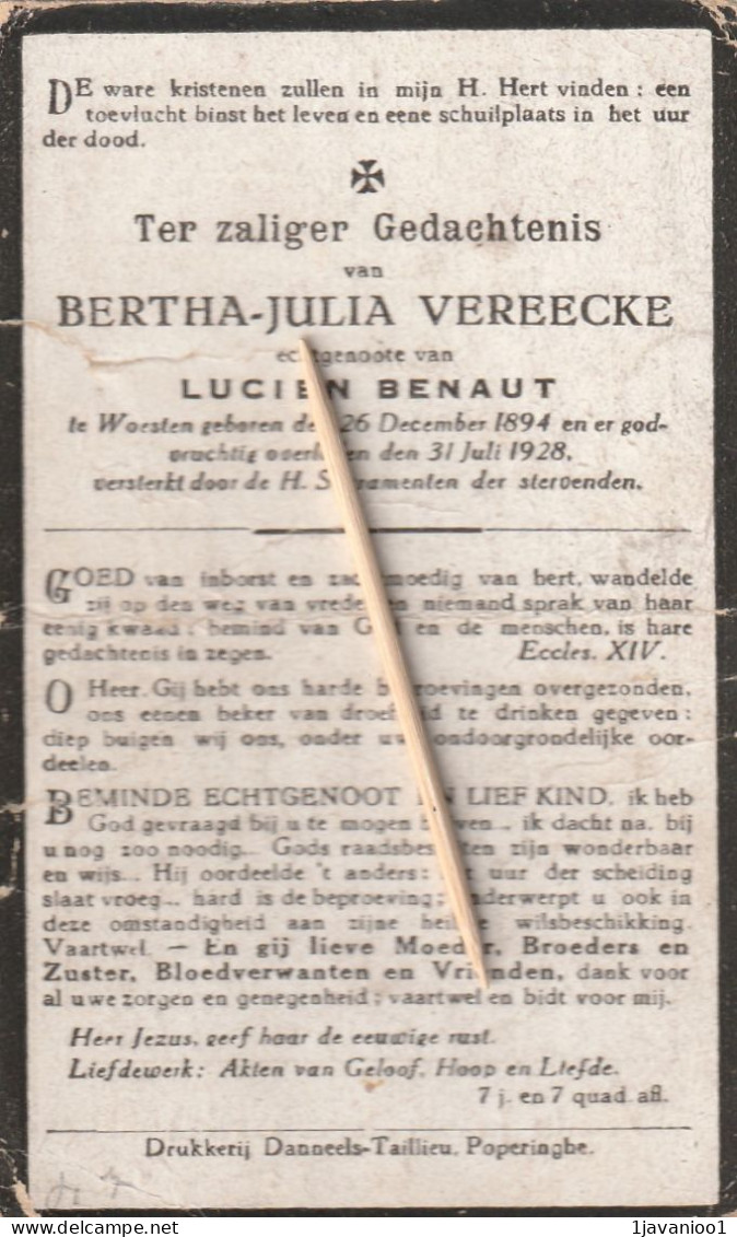 Woesten, 1928, Bertha Vereecke, Benaut - Devotieprenten
