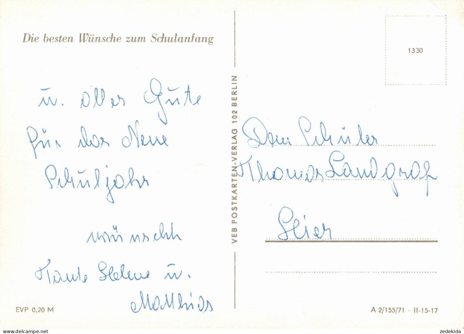 H1839 - Glückwunschkarte Schulanfang - Mädchen Zuckertüte - Verlag Berlin DDR - Portraits