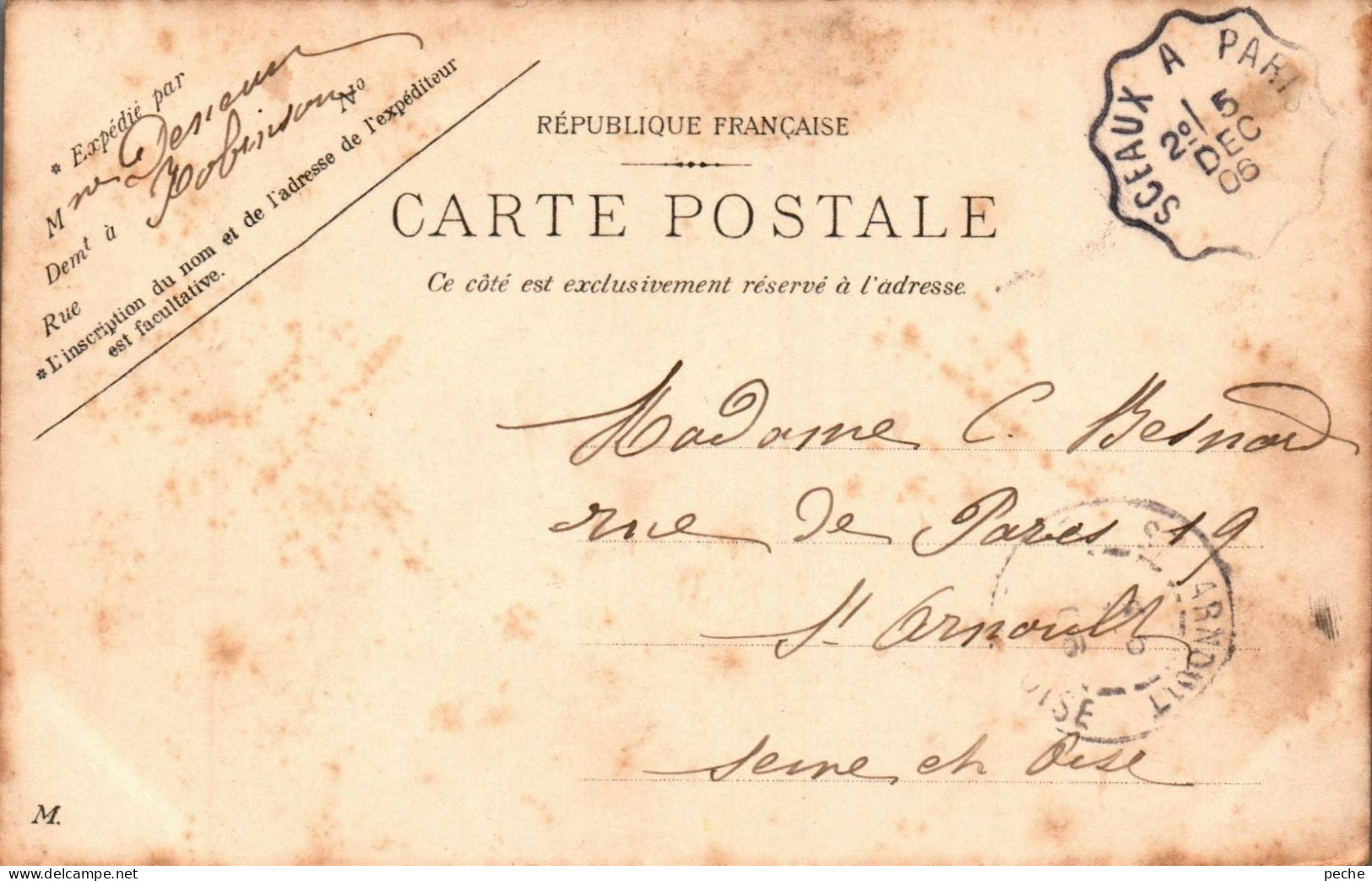N°1305 W -cachet Convoyeur Sceaux à Paris- 1906- - Posta Ferroviaria