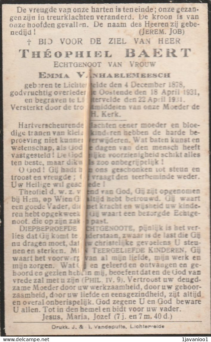 Lichtervelde, Oostende, 1931, Theophiel Baert, Vanhaelemeersch - Santini