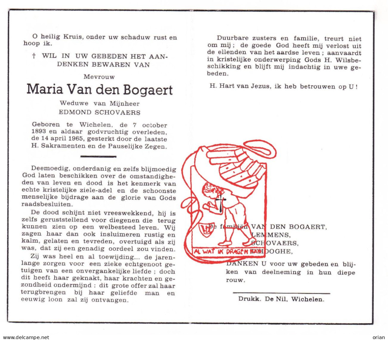 DP Maria Van Den Bogaert ° Wichelen 1893 † 1965 X Edmond Schovaers // Lemmens D'Hooghe - Devotieprenten
