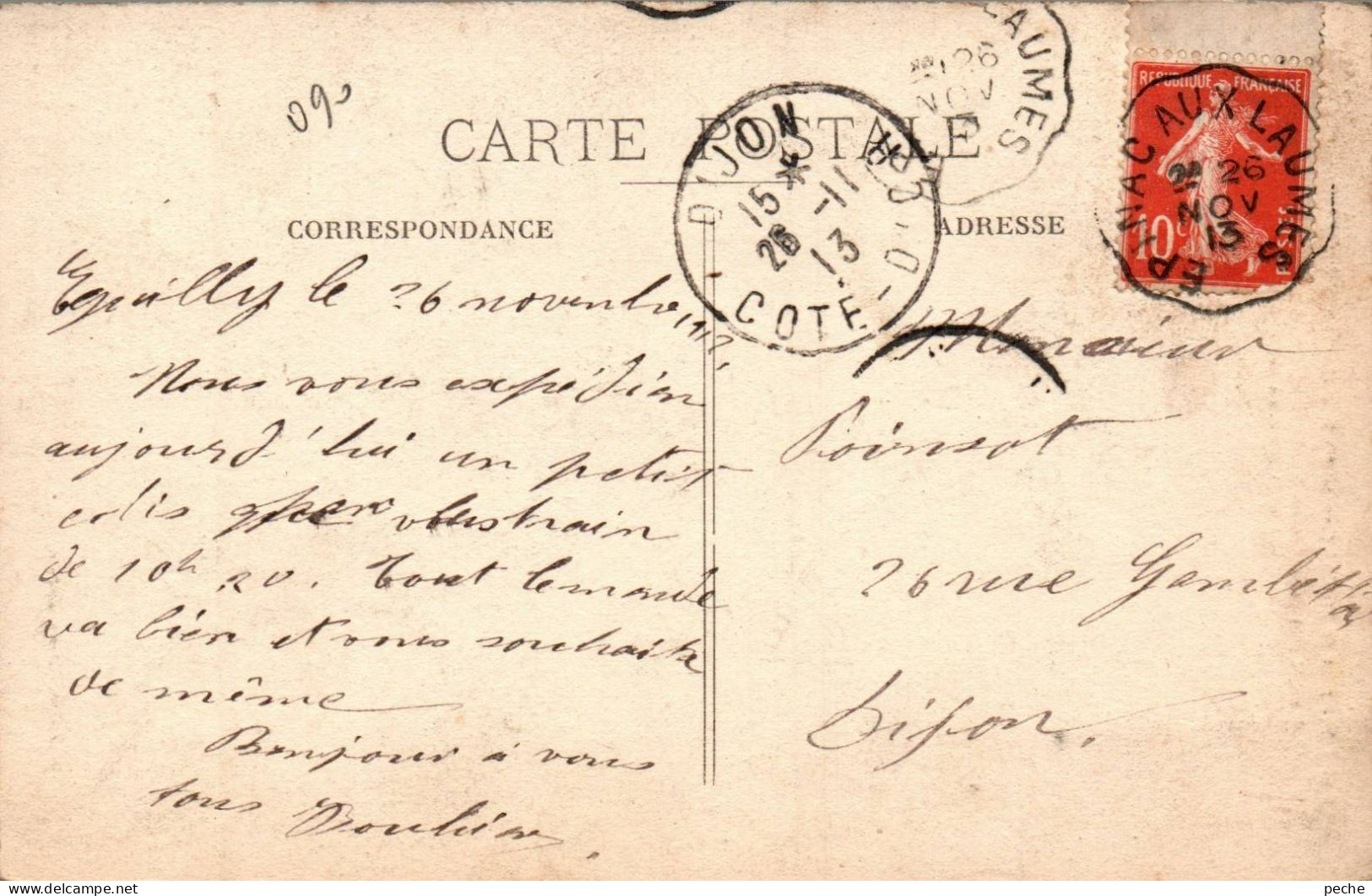 N°1306 W -cachet Convoyeur -Epinac Aux Laumes -1913- - Posta Ferroviaria