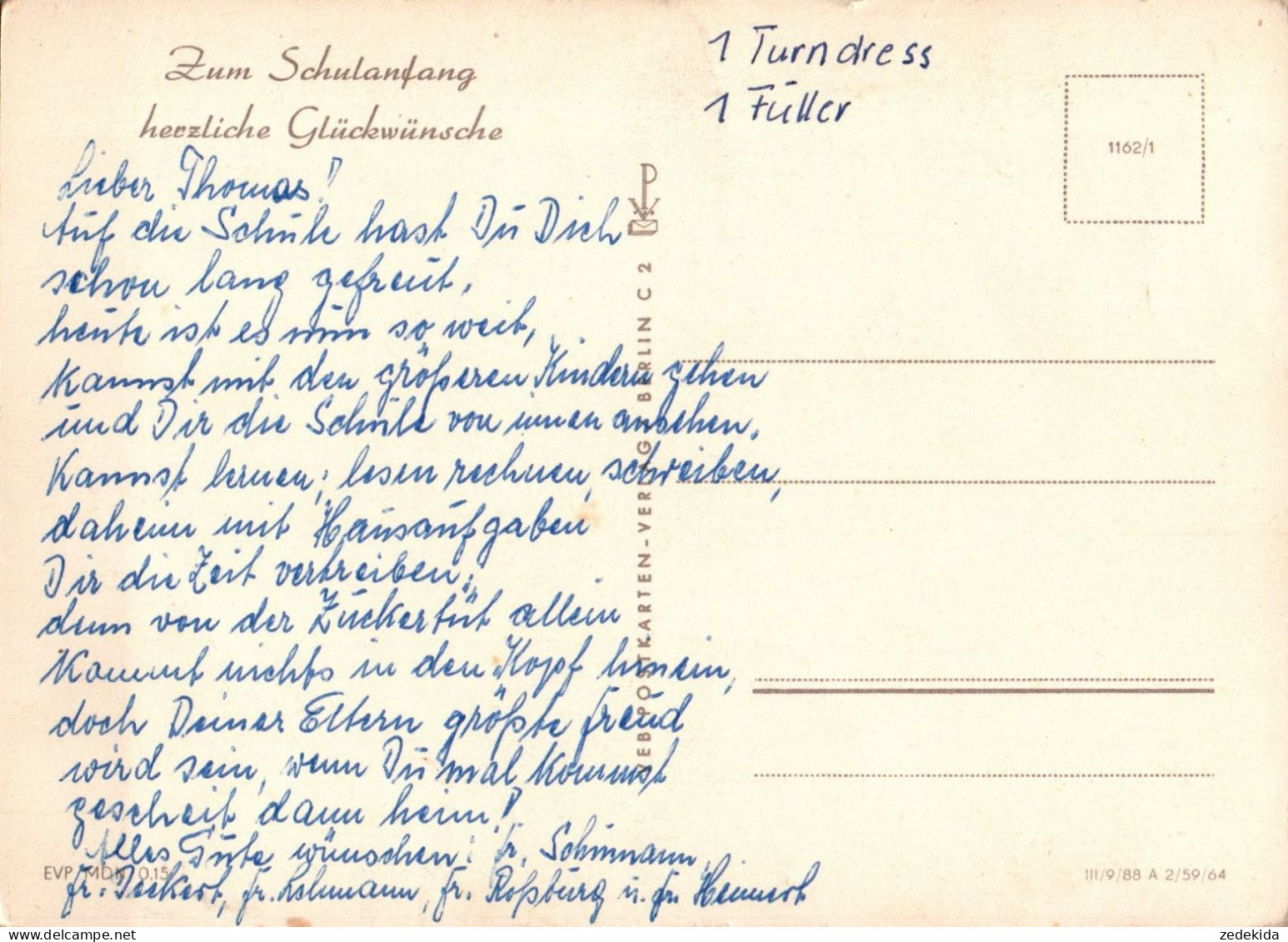 H1841 - Glückwunschkarte Schulanfang - Kinder Zuckertüte - Verlag Berlin DDR - Children's School Start