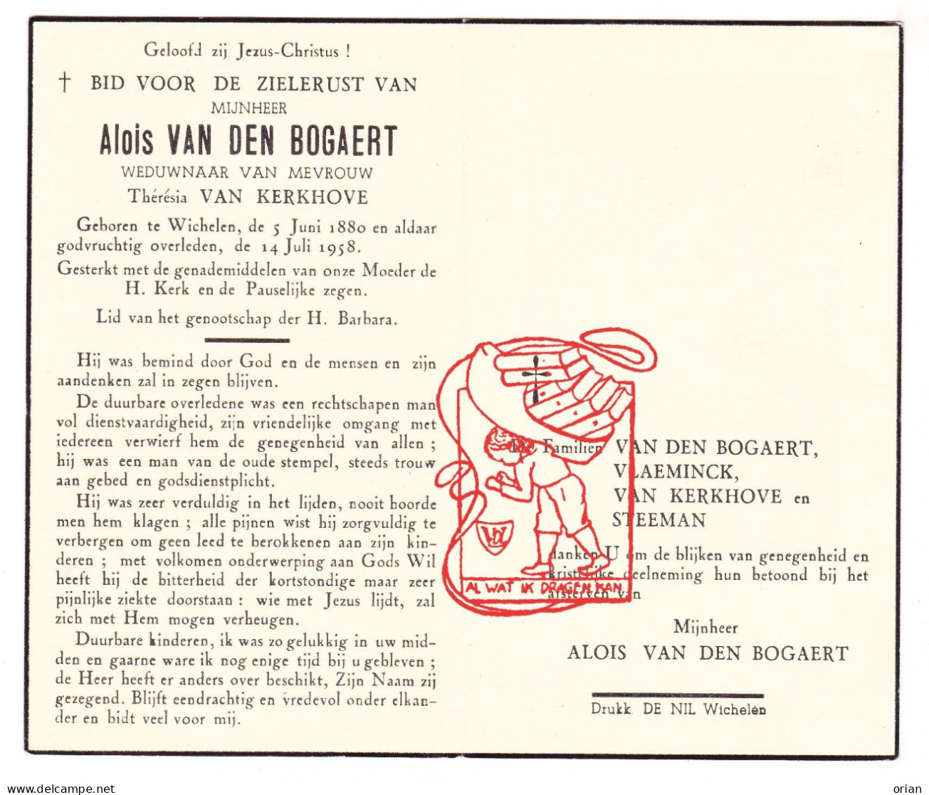 DP Alois Van Den Bogaert ° Wichelen 1880 † 1958 X Thérésia Van Kerkhove // Vlaeminck Steeman - Imágenes Religiosas