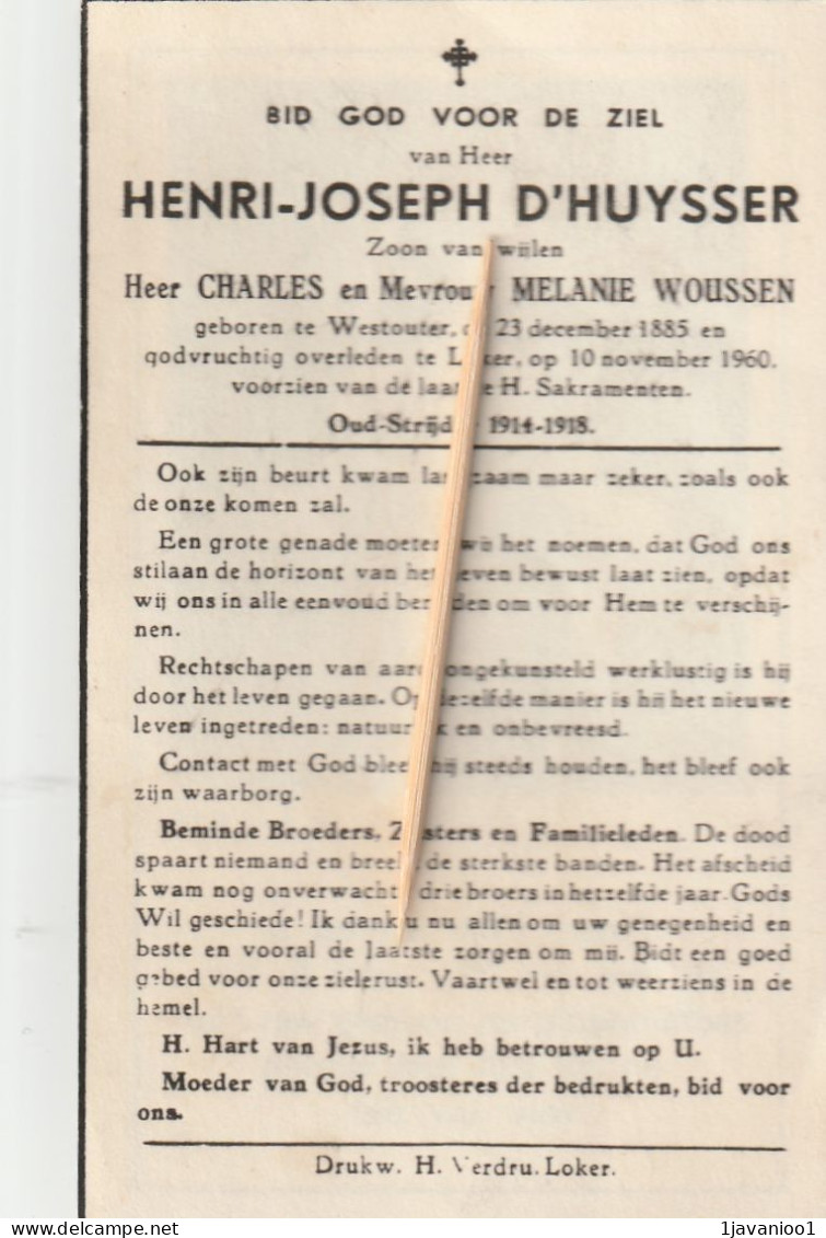 Westouter, Loker, Henri D'Huysser, Woussen; Oudstrijder : 1914-18 - Devotieprenten