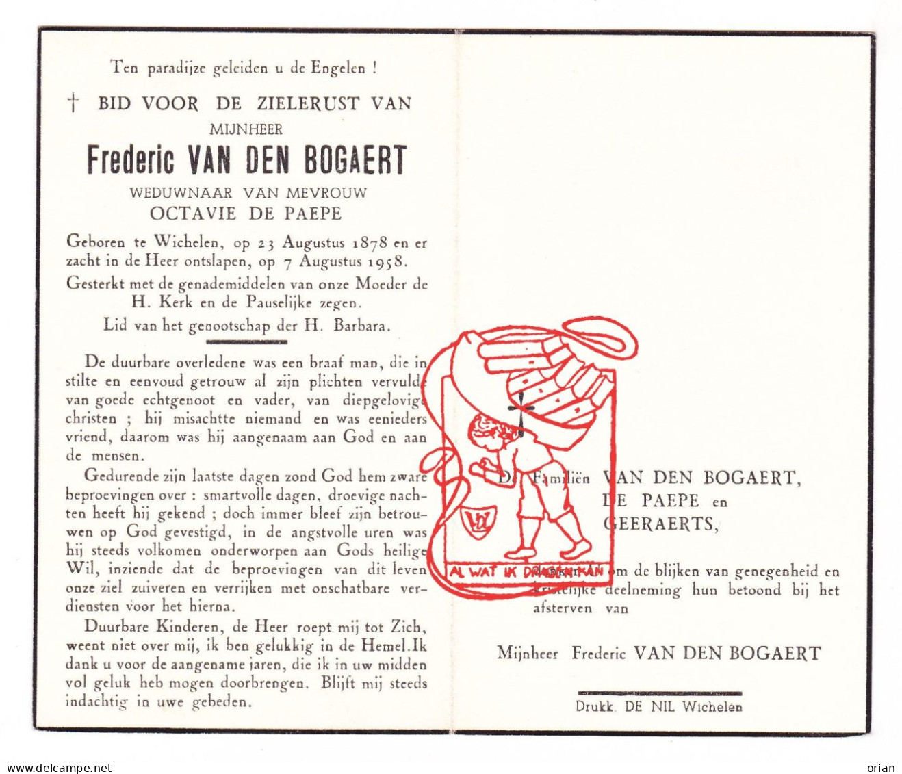 DP Frederic Van Den Bogaert ° Wichelen 1878 † 1958 X Octavie De Paepe // Geeraerts - Imágenes Religiosas