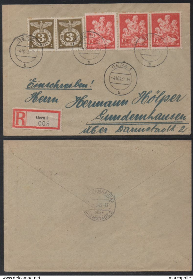 III REICH - GERA / 1943 R-BRIEF PORTOGERECHT - RECOMMANDE AU TARIF ==> GUNDERNHAUSEN (ref 7768d) - Covers & Documents