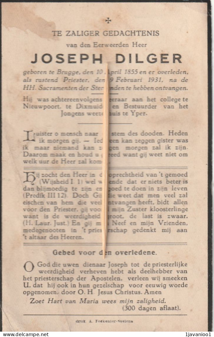 Priester, Joseph Dilger, Brugge, Nieuwpoort, Diksmuide, Ieper, 1931 - Devotieprenten