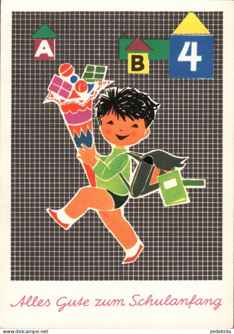 H1847 - Glückwunschkarte Schulanfang - Kinder Zuckertüte - Verlag Planet DDR Grafik - Einschulung