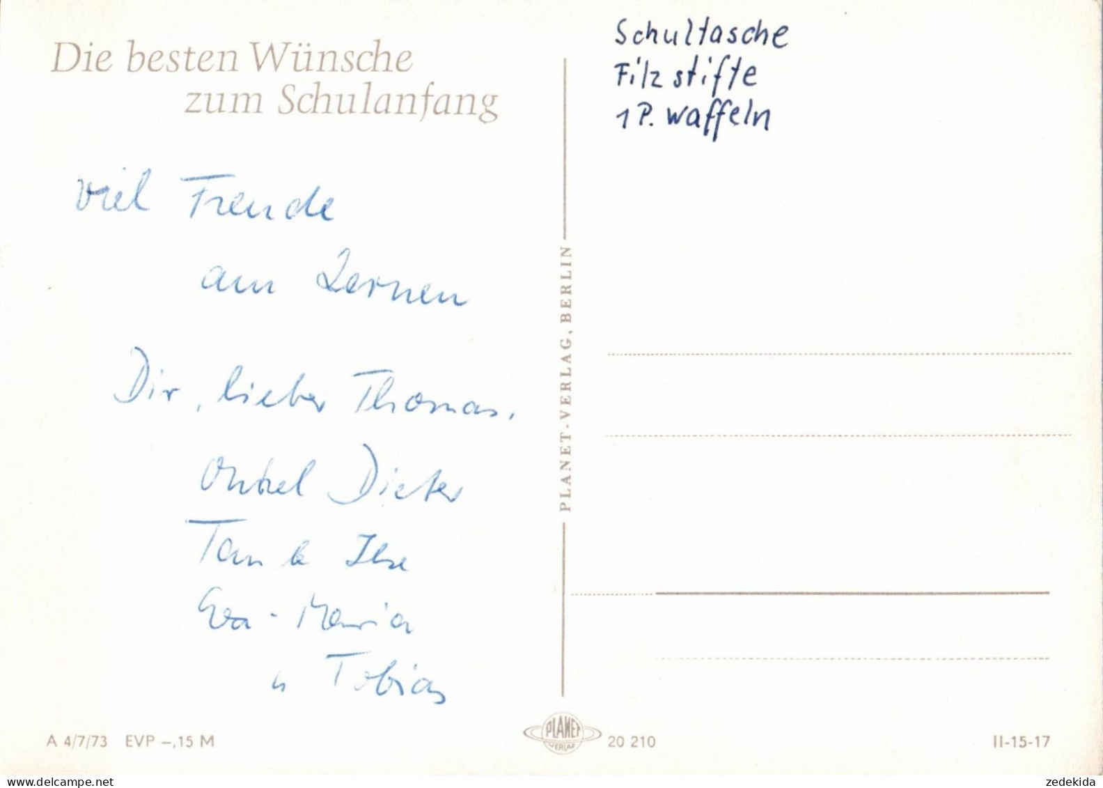 H1850 - Glückwunschkarte Schulanfang - Kinder Zuckertüte - Verlag Planet DDR Grafik - Primo Giorno Di Scuola