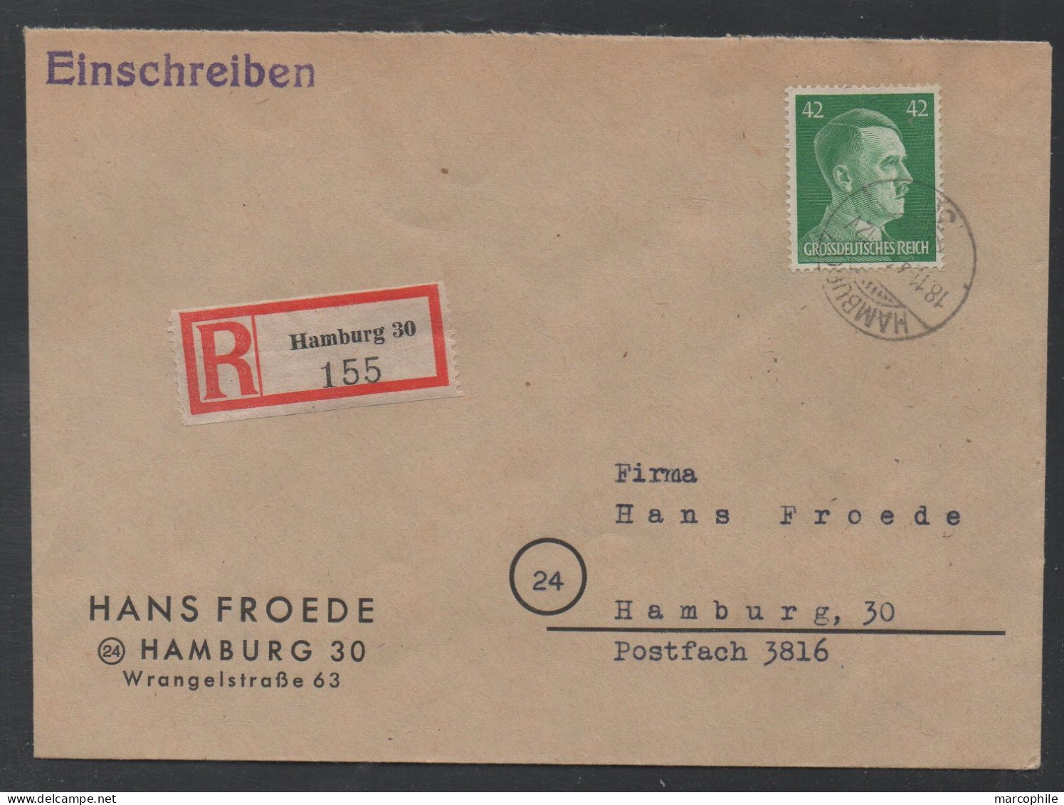 III REICH - HAMBURG  / 1944 R-BRIEF PORTOGERECHT - RECOMMANDE AU TARIF ==> LOKAL (ref 7768e) - Covers & Documents