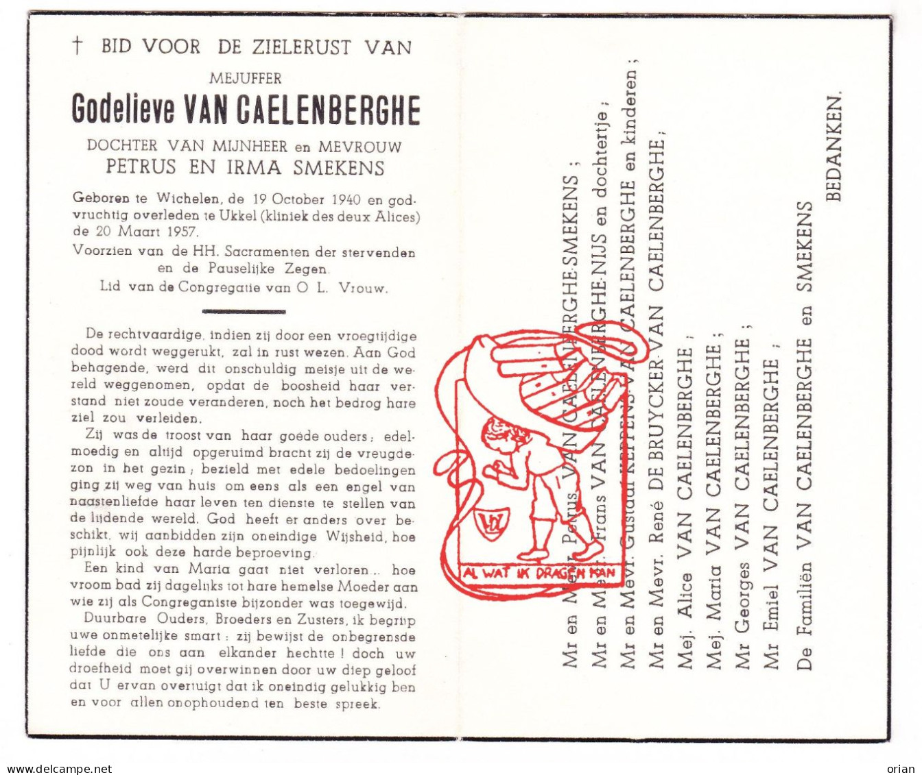 DP Godelieve Van Caelenberghe / Smekens 16j. ° Wichelen 1940 † Ukkel 1957 // Nijs Keppens De Bruycker - Imágenes Religiosas