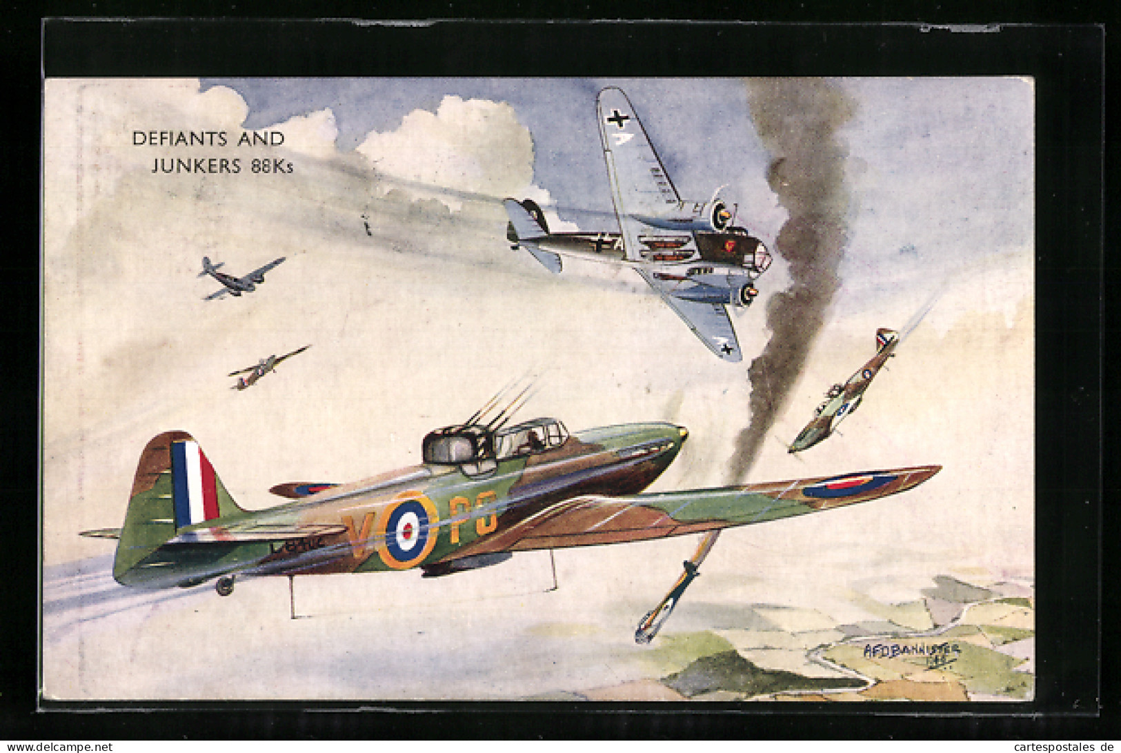 Künstler-AK Flugzeuge Defiants Und Junkers 88Ks  - 1939-1945: 2. Weltkrieg
