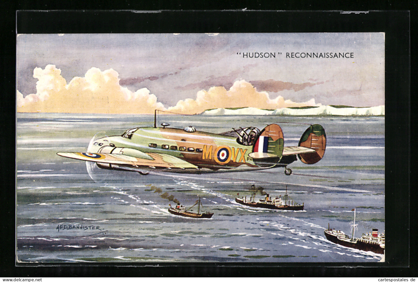 Künstler-AK Flugzeug Hudson Reconnaissance Mit Kriegsschiffen  - 1939-1945: 2nd War