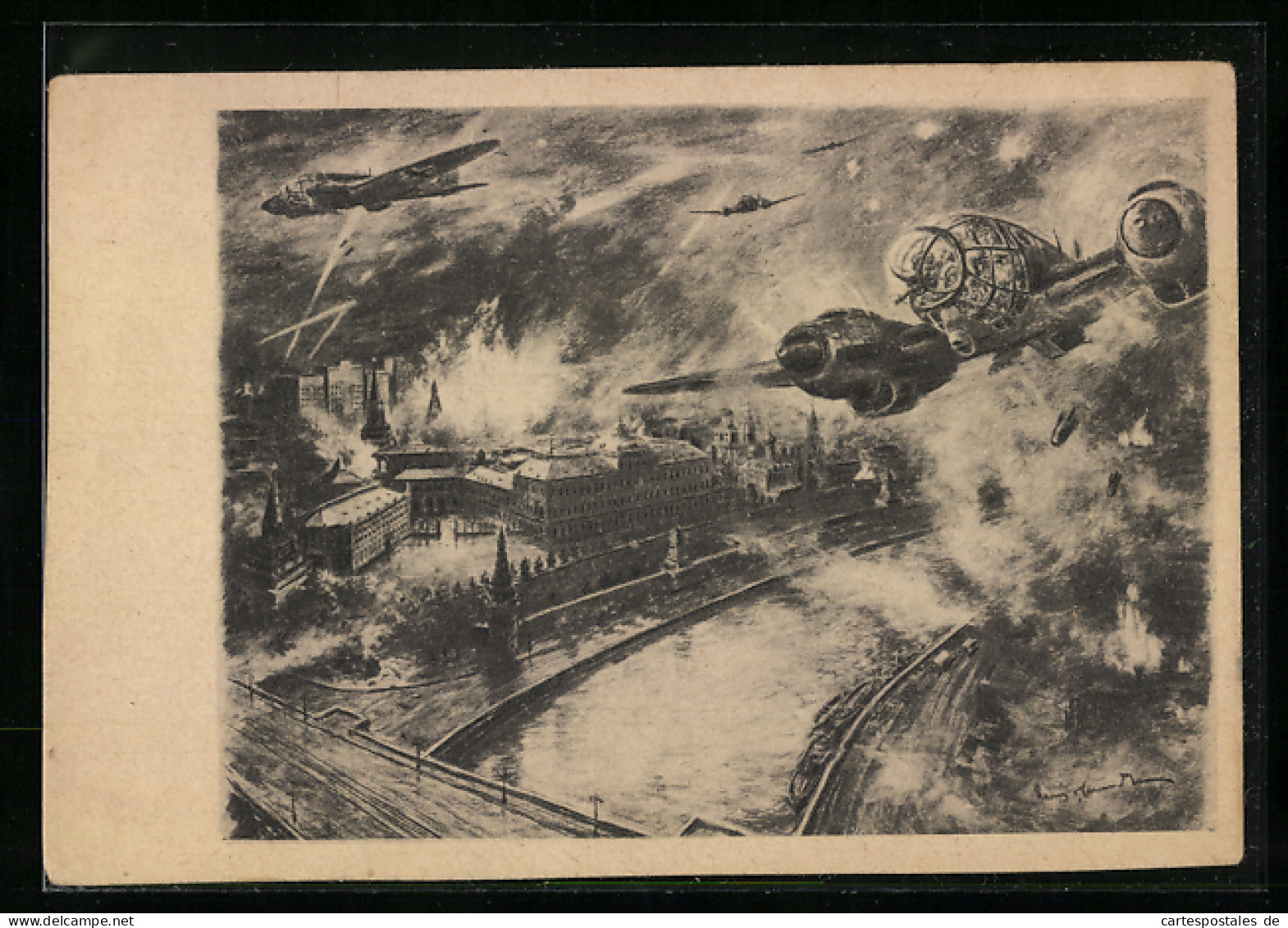 Künstler-AK Flugzeuge Beim Angriff Auf Eine Stadt  - 1939-1945: 2ème Guerre