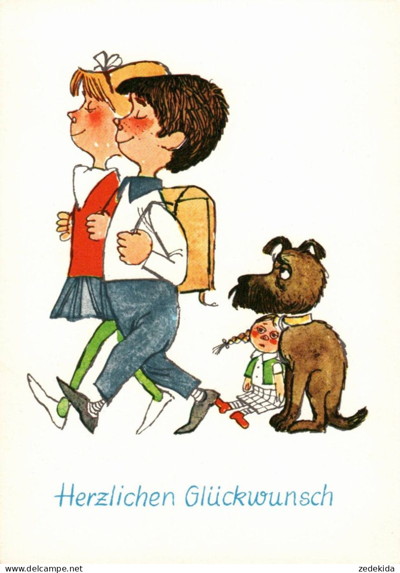 H1852 - Glückwunschkarte Schulanfang - Kinder Hund Dog Puppe - Verlag Karl Marx Stadt DDR Grafik - Children's School Start