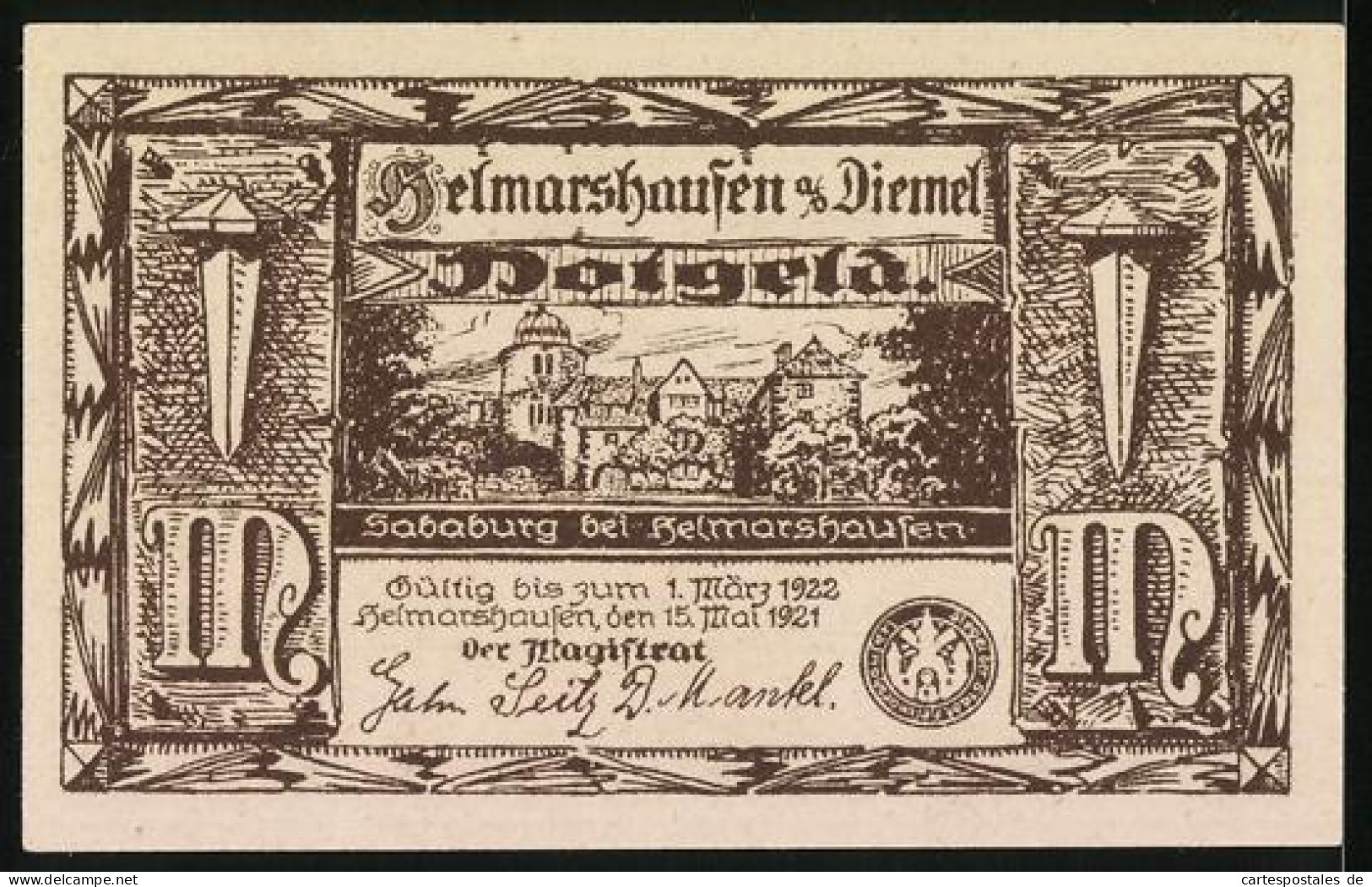 Notgeld Helmarshausen A. D. Diemel 1921, 1 Mark, Ansicht Der Sababurg  - [11] Emisiones Locales