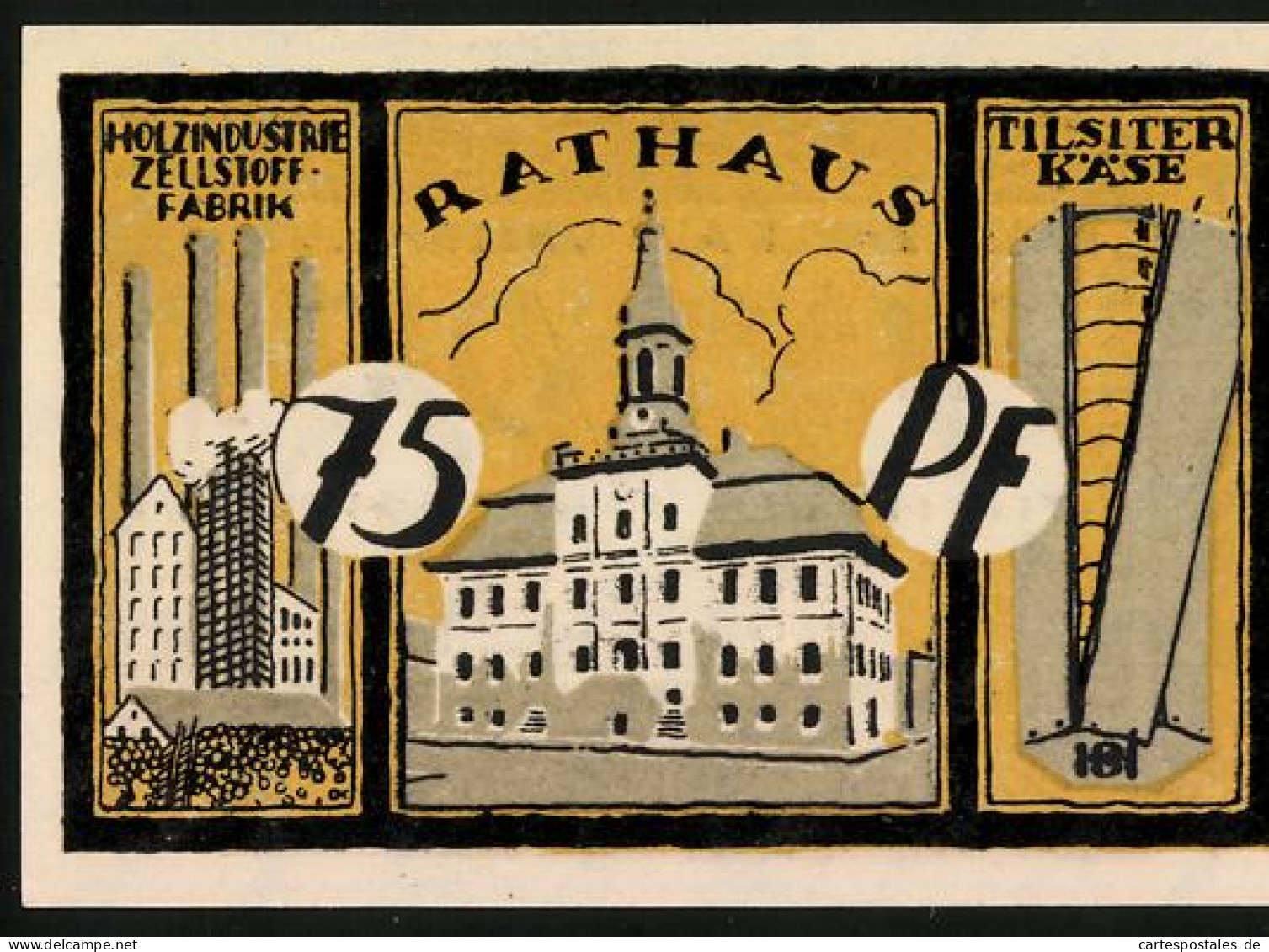 Notgeld Tilsit 1921, 75 Pfennig, Fabrik, Rathaus, Tilsiter Käse  - [11] Emisiones Locales