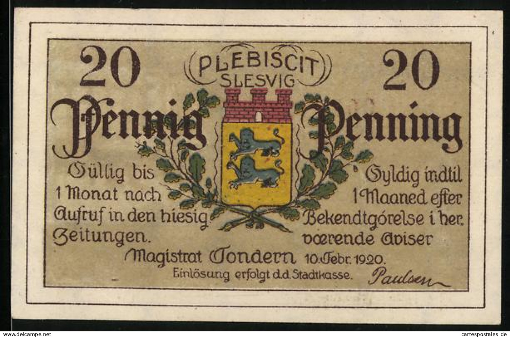 Notgeld Tondern 1920, 20 Pfennig, Gast Im Weissen Schwan  - Denmark