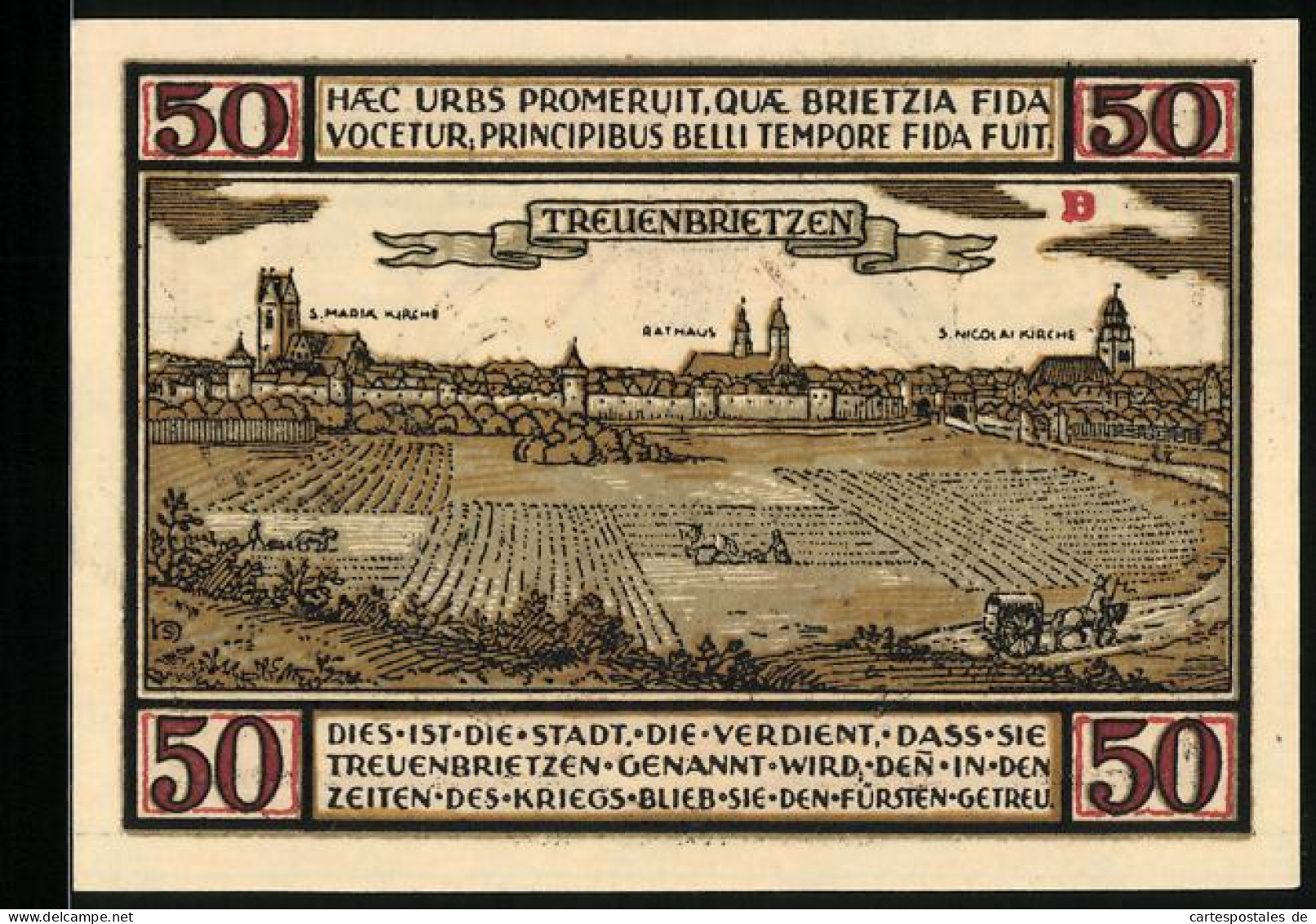 Notgeld Treuenbrietzen 1921, 50 Pfennig, Ortsansicht Mit S. Maria Kirche, Rathaus Und S. Nicolai Kirche  - [11] Emisiones Locales